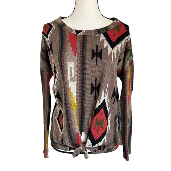 Wanna B Womens Aztec Tie Front Multicolor Long Sleeve Sweater Size Large - Picture 1 of 13